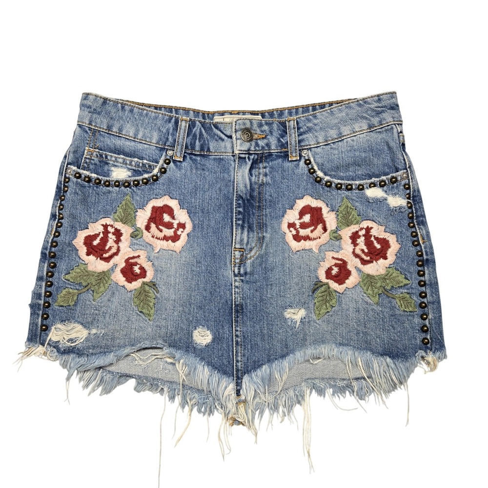 Free People Jean Shorts Womens 27 Floral Embroidered Studded Raw Hem Festival
